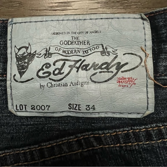 Ed Hardy Embroidered Tiger Hellcat Distressed Denim Blue Jeans size 34 - Picture 4 of 12